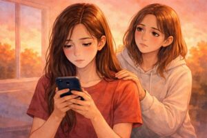 Psicologia dell'adolescenza: Ragazza adolescente che interagisce con un assistente AI